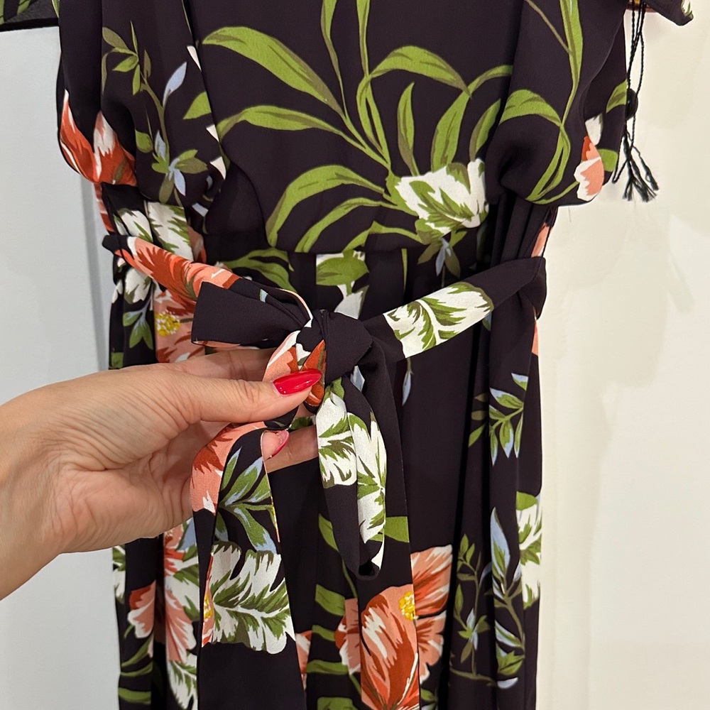 Adrianna Papell Floral Cold Shoulder Jumpsuit Wide Leg Flutter Sleeve Size 10 - Picture 7 of 10